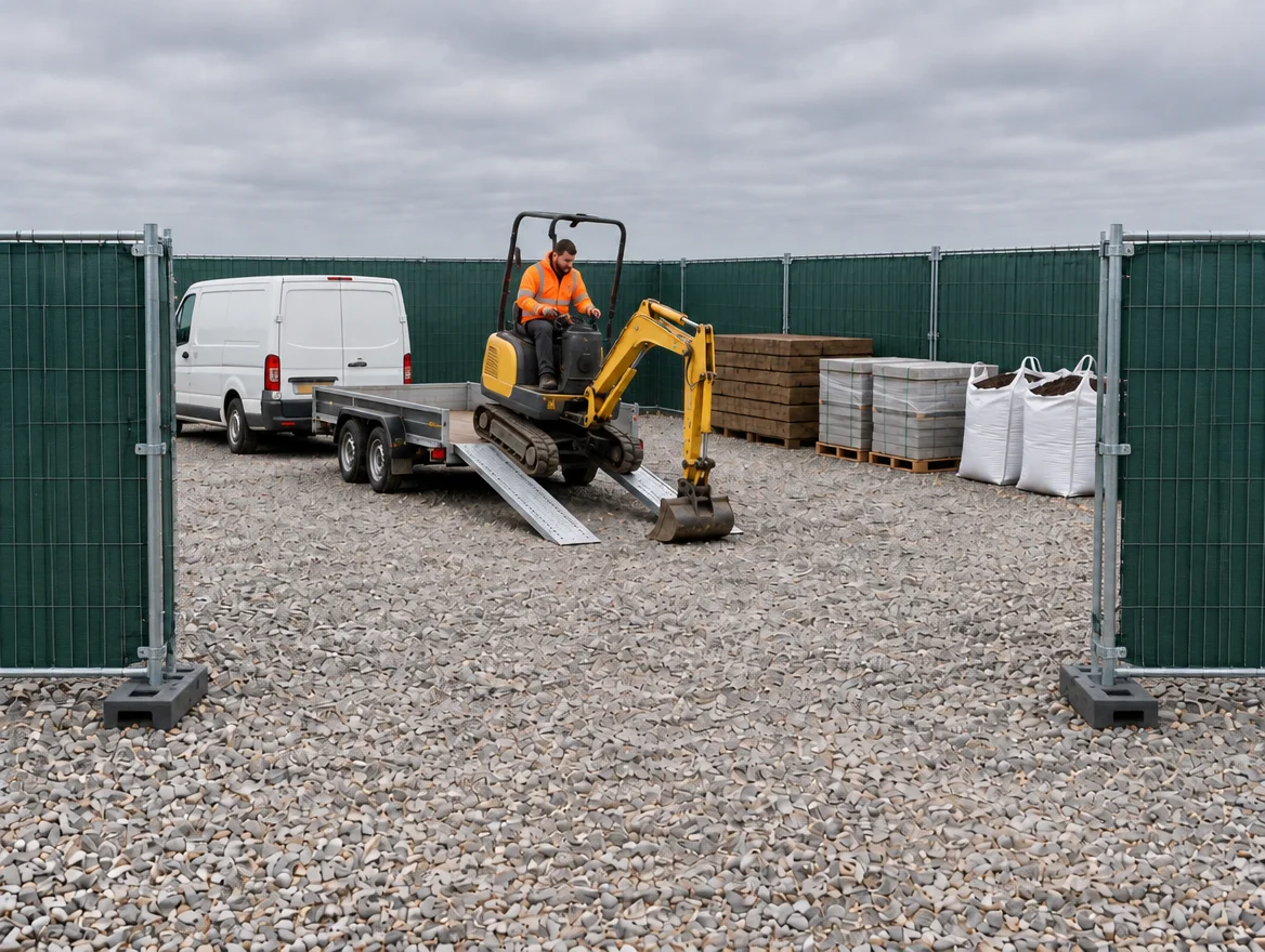 Mini excavator, van and trailer inside the fenced yard