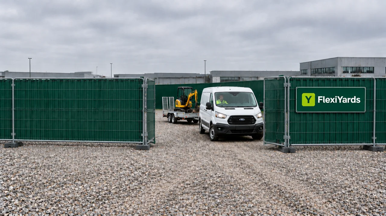 FlexiYards entrance with green security fencing, branded sign and a van arriving