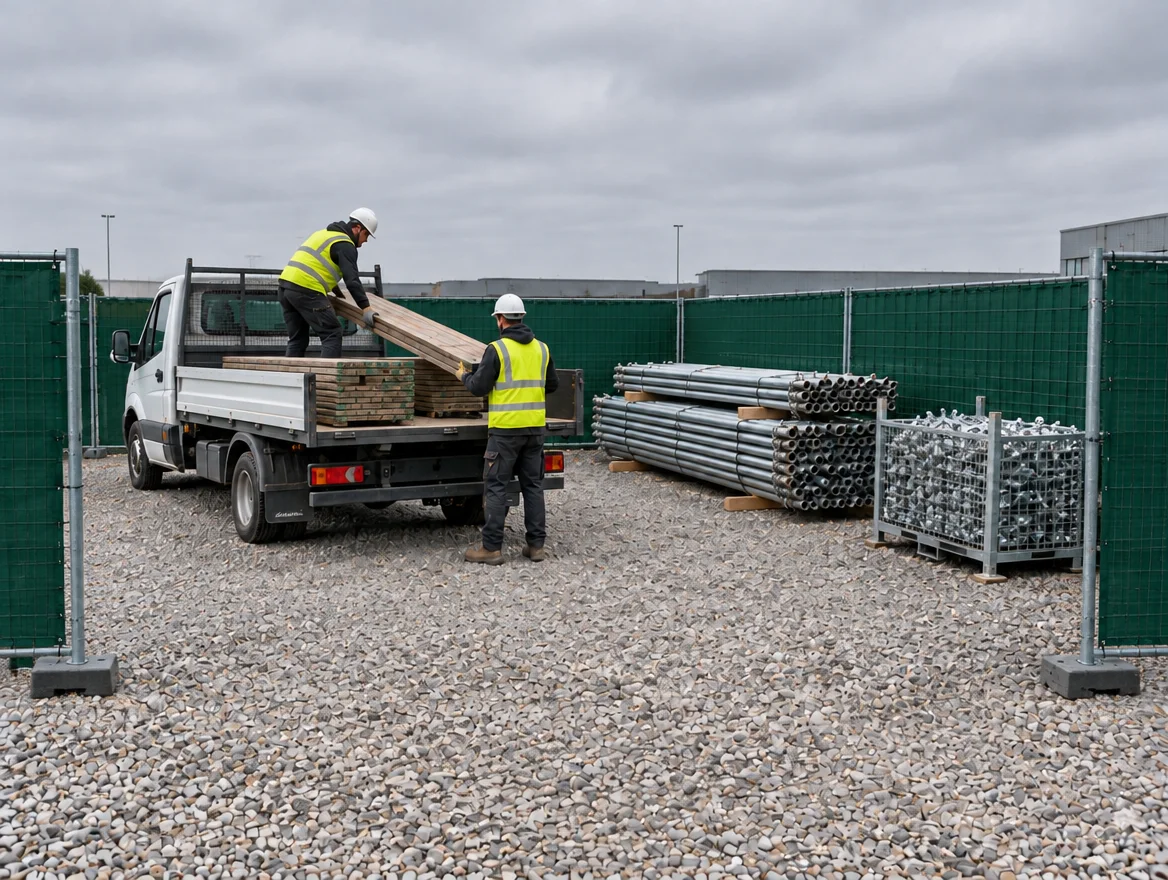 Tradespeople loading timber and scaffold materials in the yard