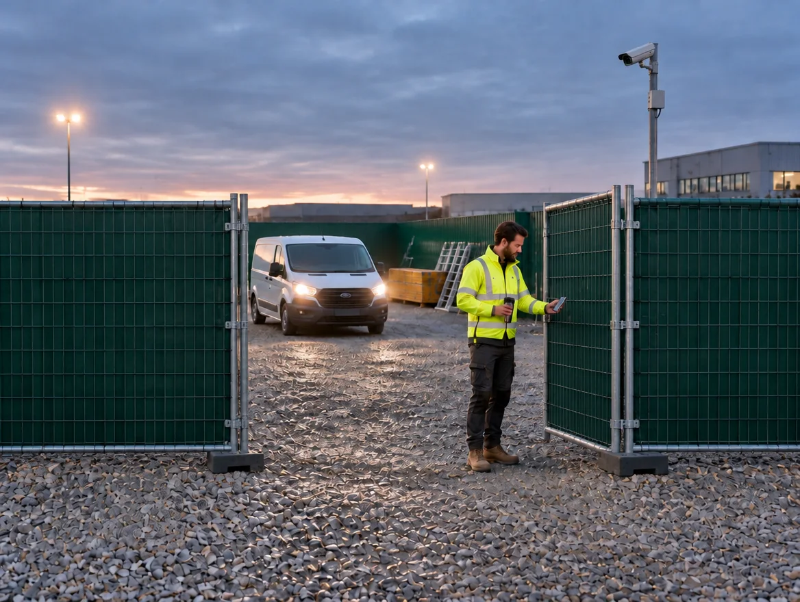Lit yard entrance with CCTV at dusk