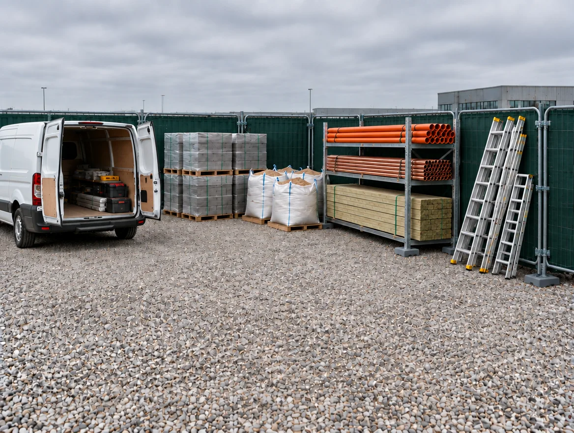 Van, ladders and building materials stored inside the fenced yard